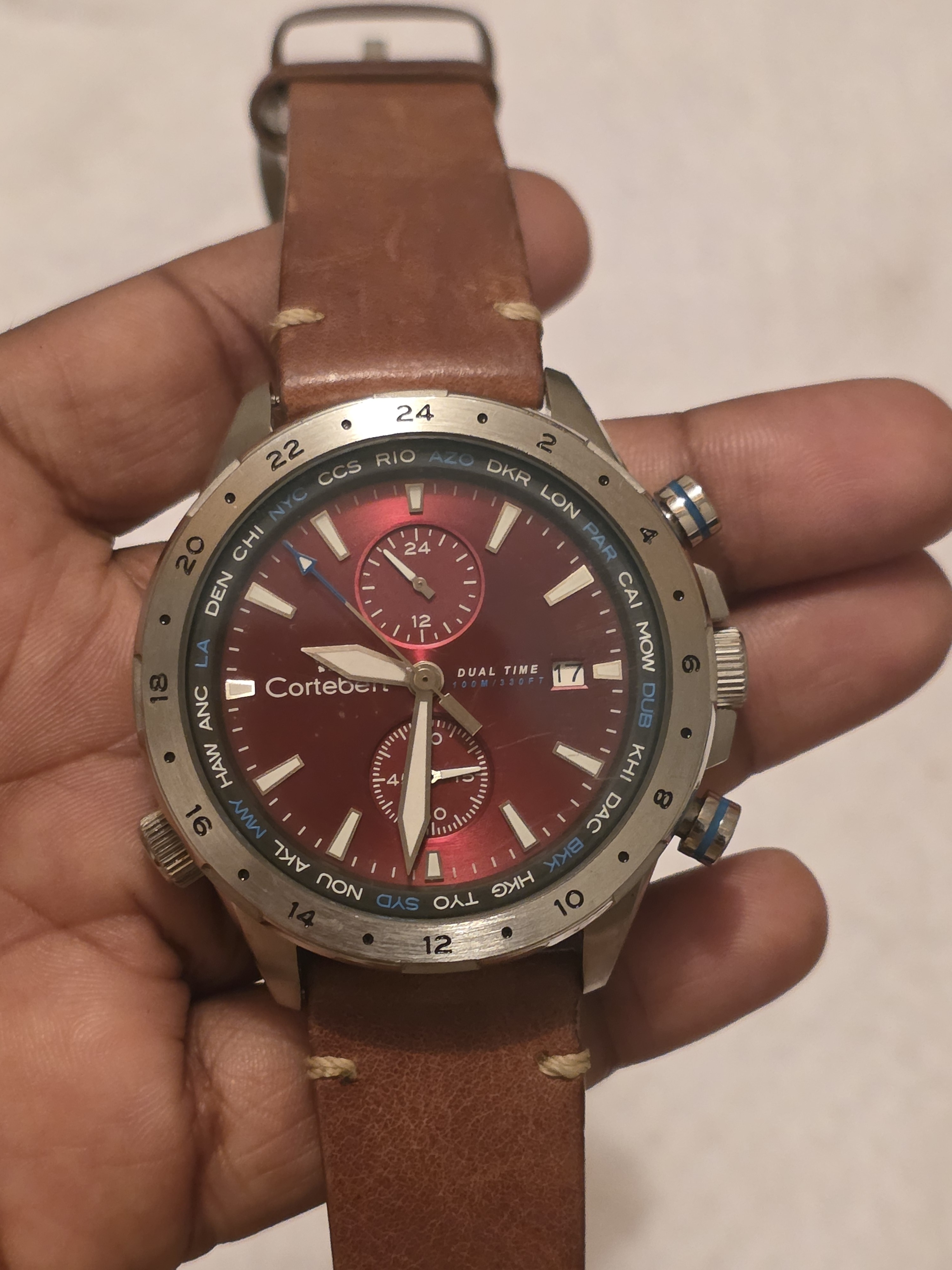 Red Dial DualTime Mens Watch Cb 3008 With Brown Leather Strap Need Battery